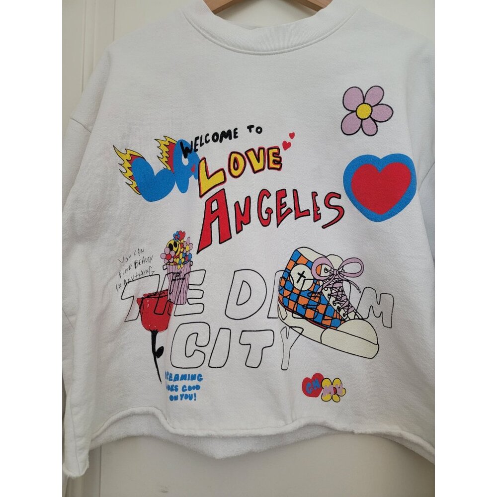 Welcome To Los Angeles Graphic White Cropped Crew Neck Sweatshirt Women's Sz L - Picture 2 of 7